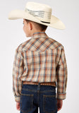 BOYS LONG SLEEVE SNAP BROWN PLAID WESTERN SHIRT