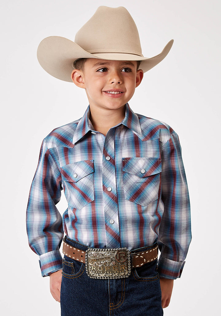 BOYS LONG SLEEVE SNAP AMERICANA PLAID WESTERN SHIRT