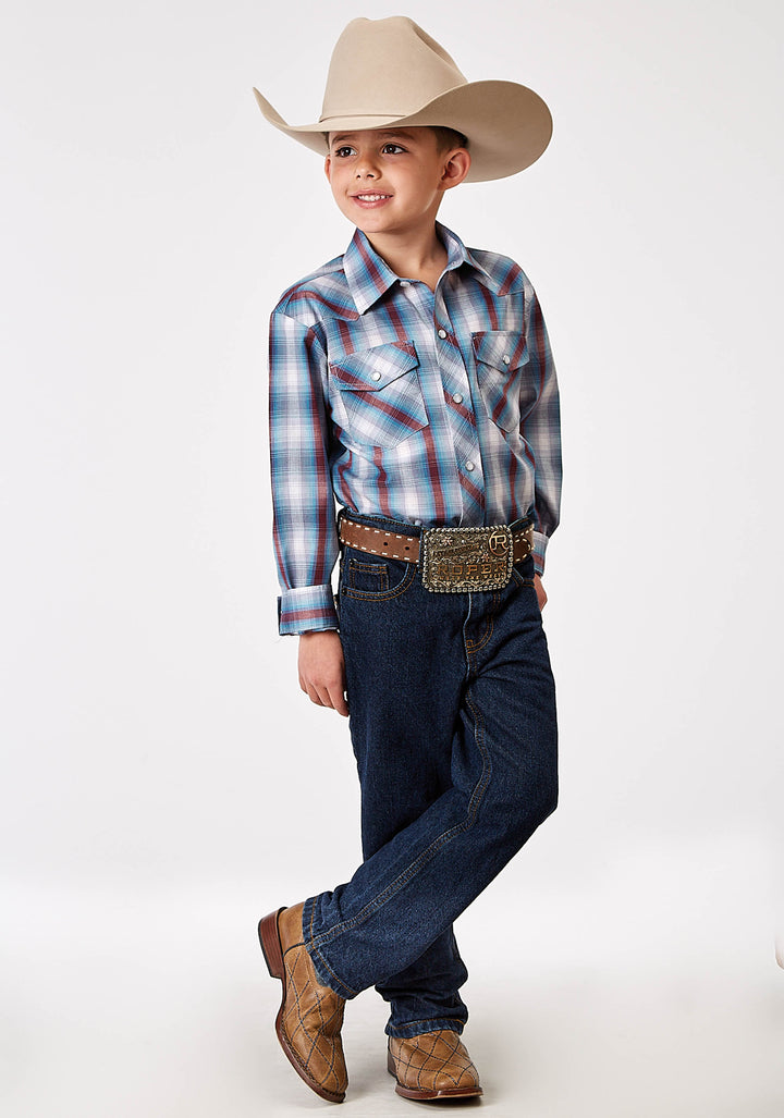 BOYS LONG SLEEVE SNAP AMERICANA PLAID WESTERN SHIRT