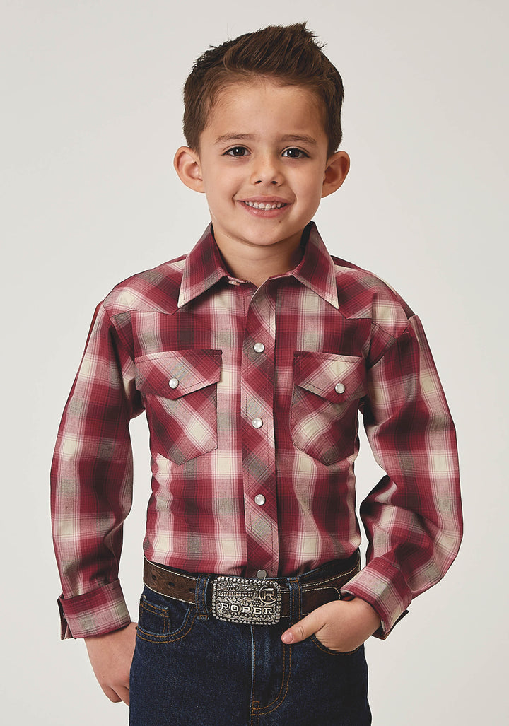 BOYS LONG SLEEVE SNAP RED PLAID WESTERN SHIRT