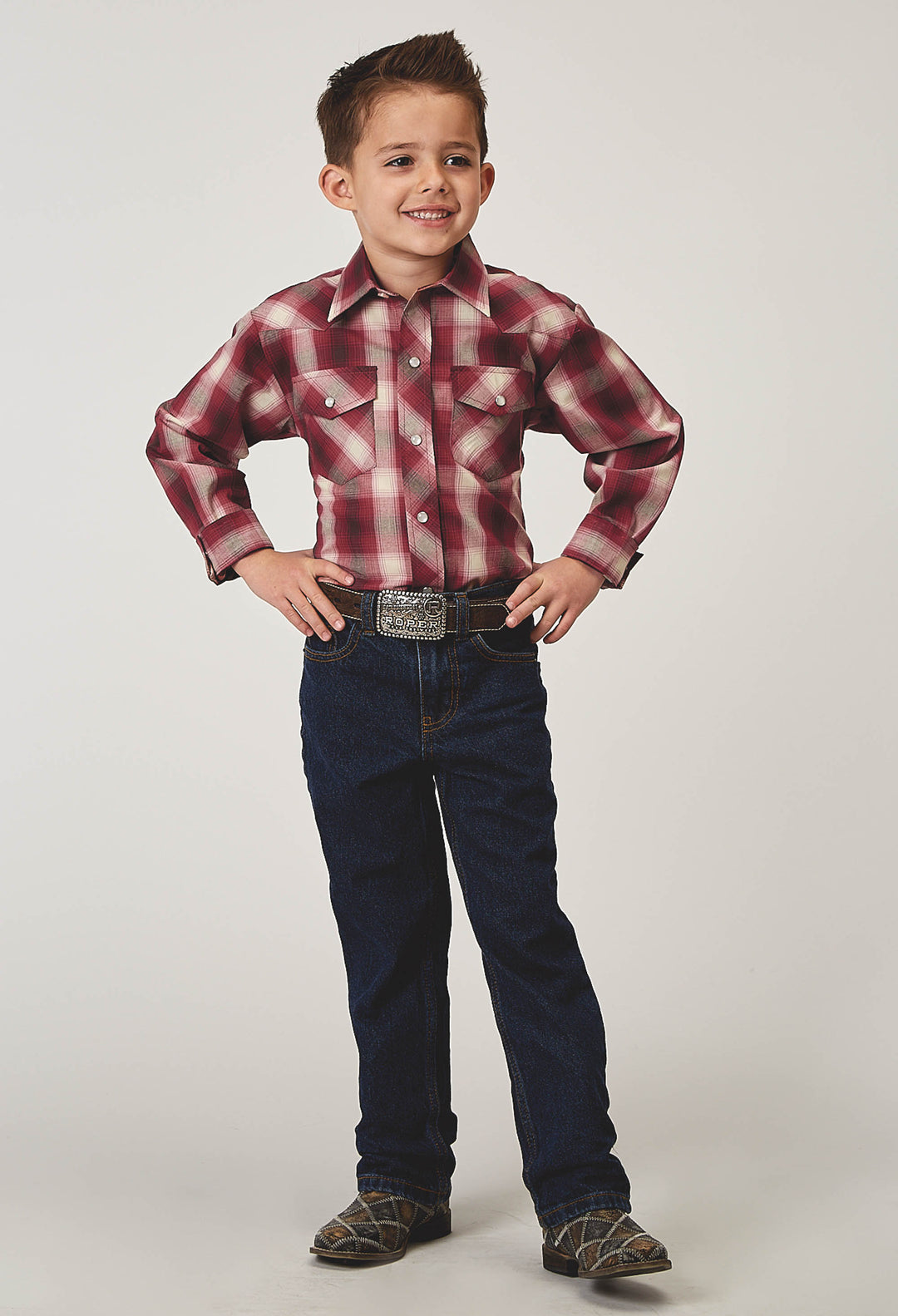 BOYS LONG SLEEVE SNAP RED PLAID WESTERN SHIRT