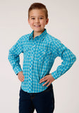 BOYS LONG SLEEVE SNAP TURQUOISE AND GREY SMALL SCALE PLAID WESTERN SHIRT