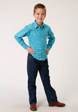 BOYS LONG SLEEVE SNAP TURQUOISE AND GREY SMALL SCALE PLAID WESTERN SHIRT