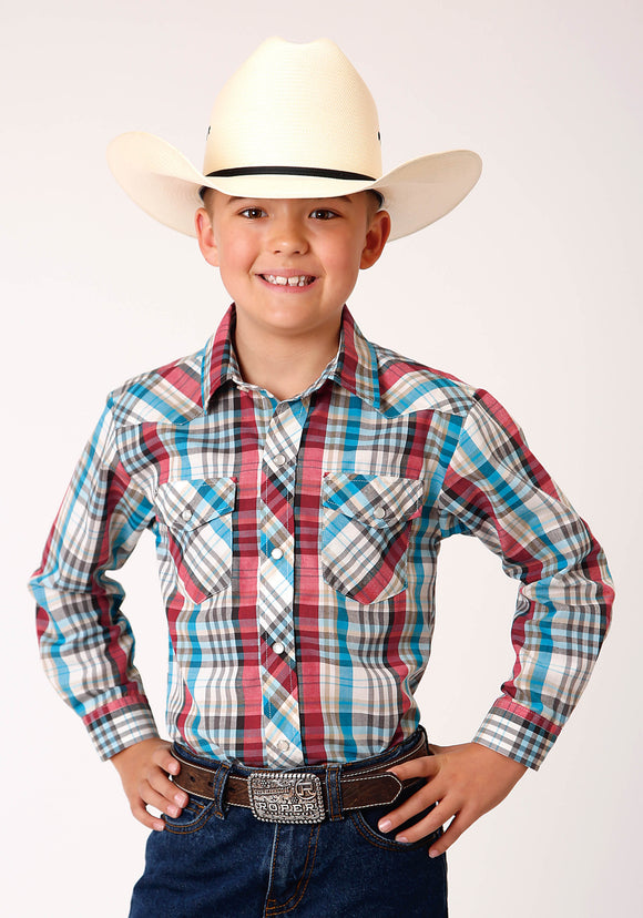 BOYS LONG SLEEVE SNAP CREAM TURQUOISE RED BLACK PLAID WESTERN SHIRT