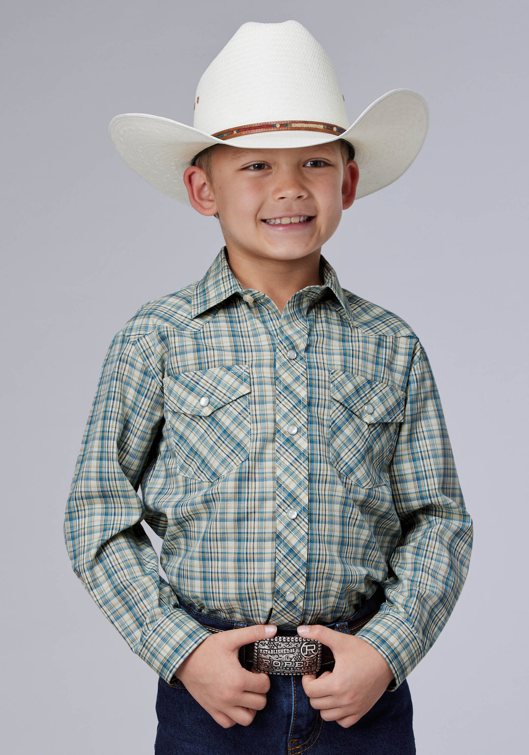 BOYS CREAM TEAL AND TAN PLAID LONG SLEEVE SNAP WESTERN SHIRT