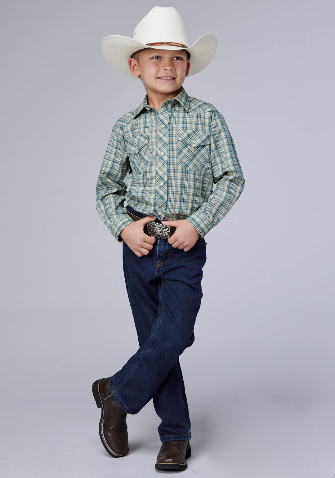 BOYS CREAM TEAL AND TAN PLAID LONG SLEEVE SNAP WESTERN SHIRT