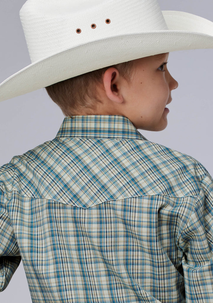 BOYS CREAM TEAL AND TAN PLAID LONG SLEEVE SNAP WESTERN SHIRT