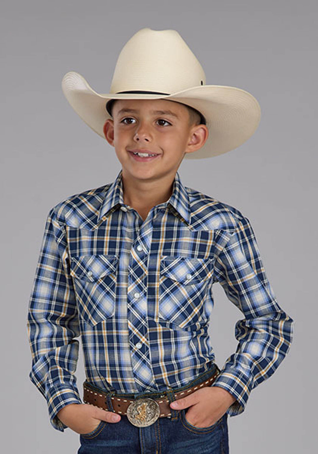 BOYS LONG SLEEVE SNAP NAVY LIGHT BLUE  GOLD PLAID WESTERN SHIRT