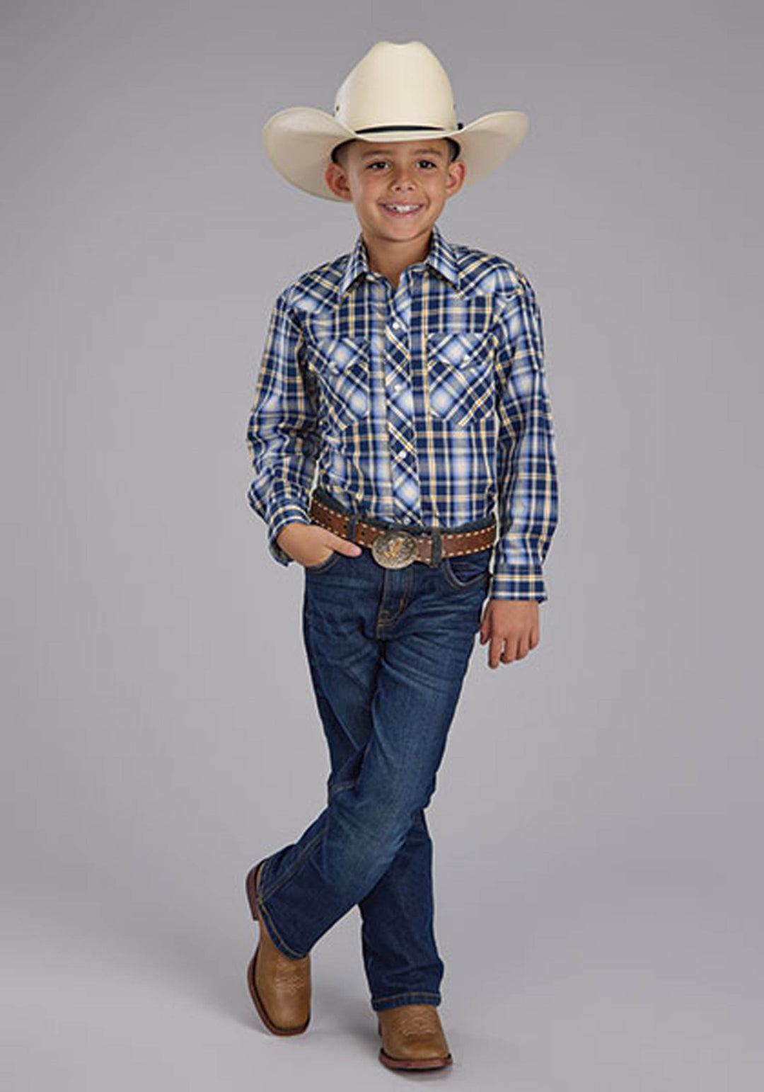 BOYS LONG SLEEVE SNAP NAVY LIGHT BLUE  GOLD PLAID WESTERN SHIRT