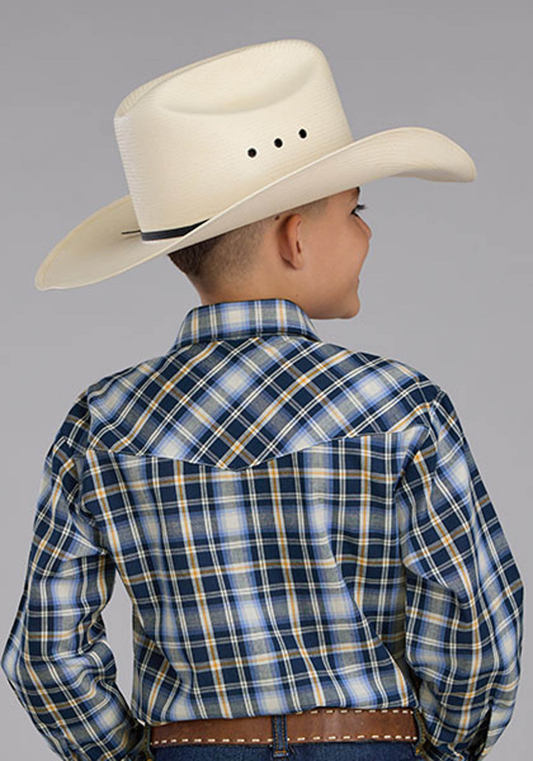 BOYS LONG SLEEVE SNAP NAVY LIGHT BLUE  GOLD PLAID WESTERN SHIRT