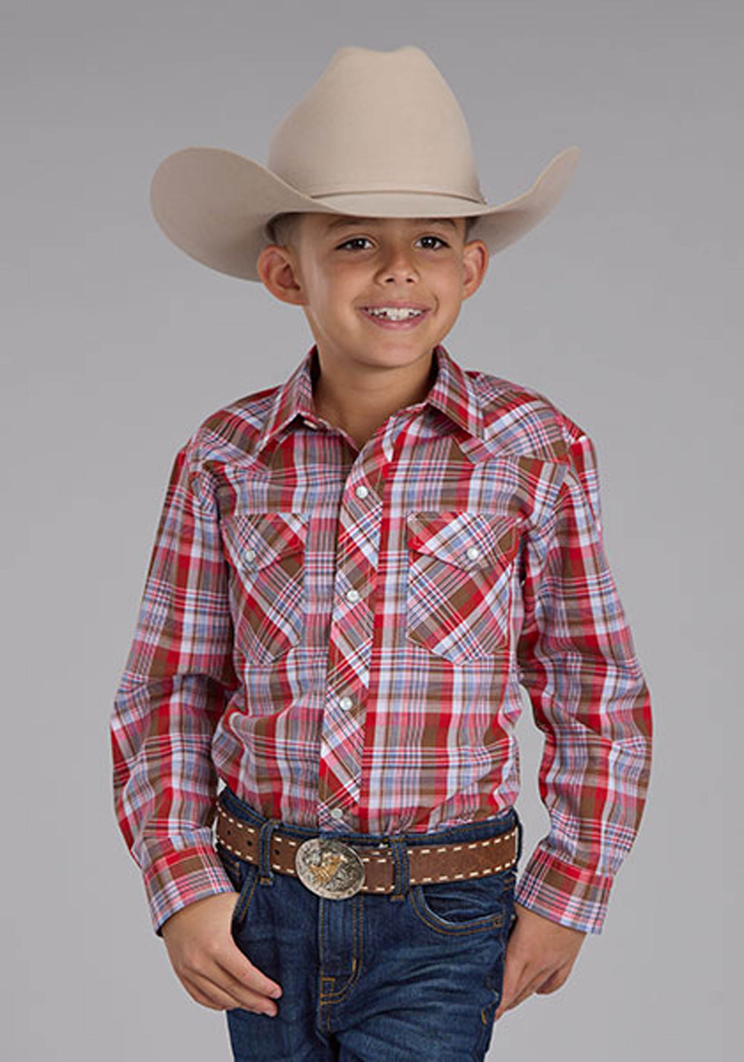 BOYS BROWN RED AND BLUE PLAID LONG SLEEVE SNAP WESTERN SHIRT