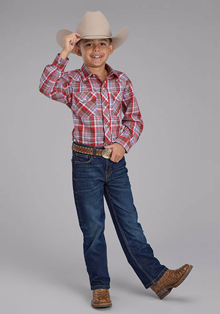 BOYS BROWN RED AND BLUE PLAID LONG SLEEVE SNAP WESTERN SHIRT