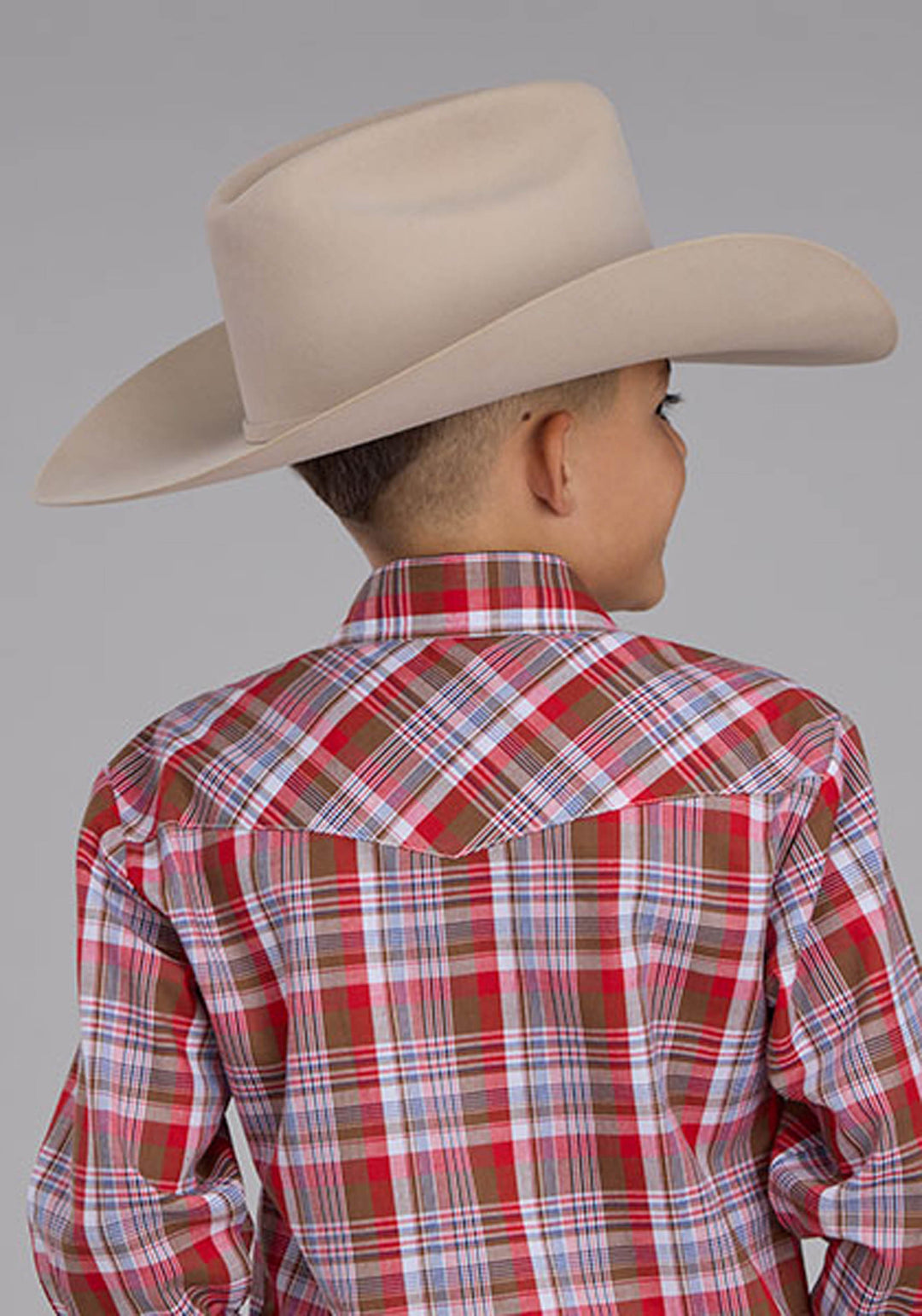 BOYS BROWN RED AND BLUE PLAID LONG SLEEVE SNAP WESTERN SHIRT