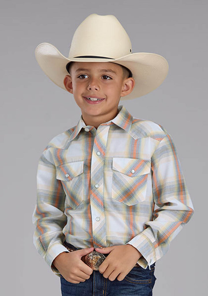 BOYS LONG SLEEVE SNAP CREAM STEEL BLUE TANGERINE PLAID WESTERN SHIRT