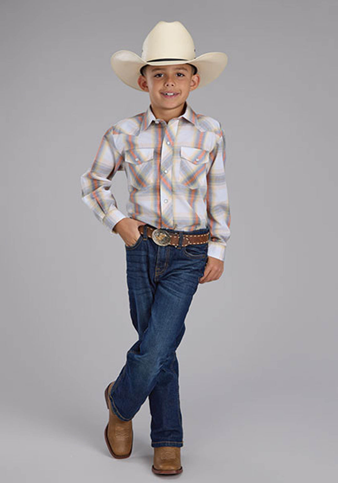 BOYS LONG SLEEVE SNAP CREAM STEEL BLUE TANGERINE PLAID WESTERN SHIRT