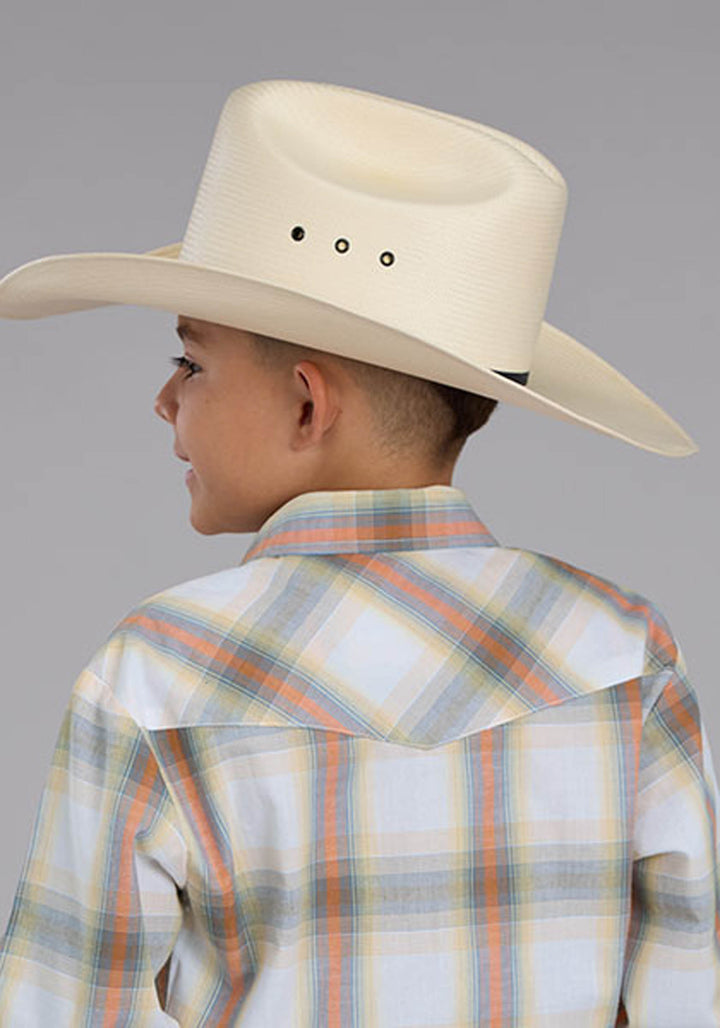 BOYS LONG SLEEVE SNAP CREAM STEEL BLUE TANGERINE PLAID WESTERN SHIRT