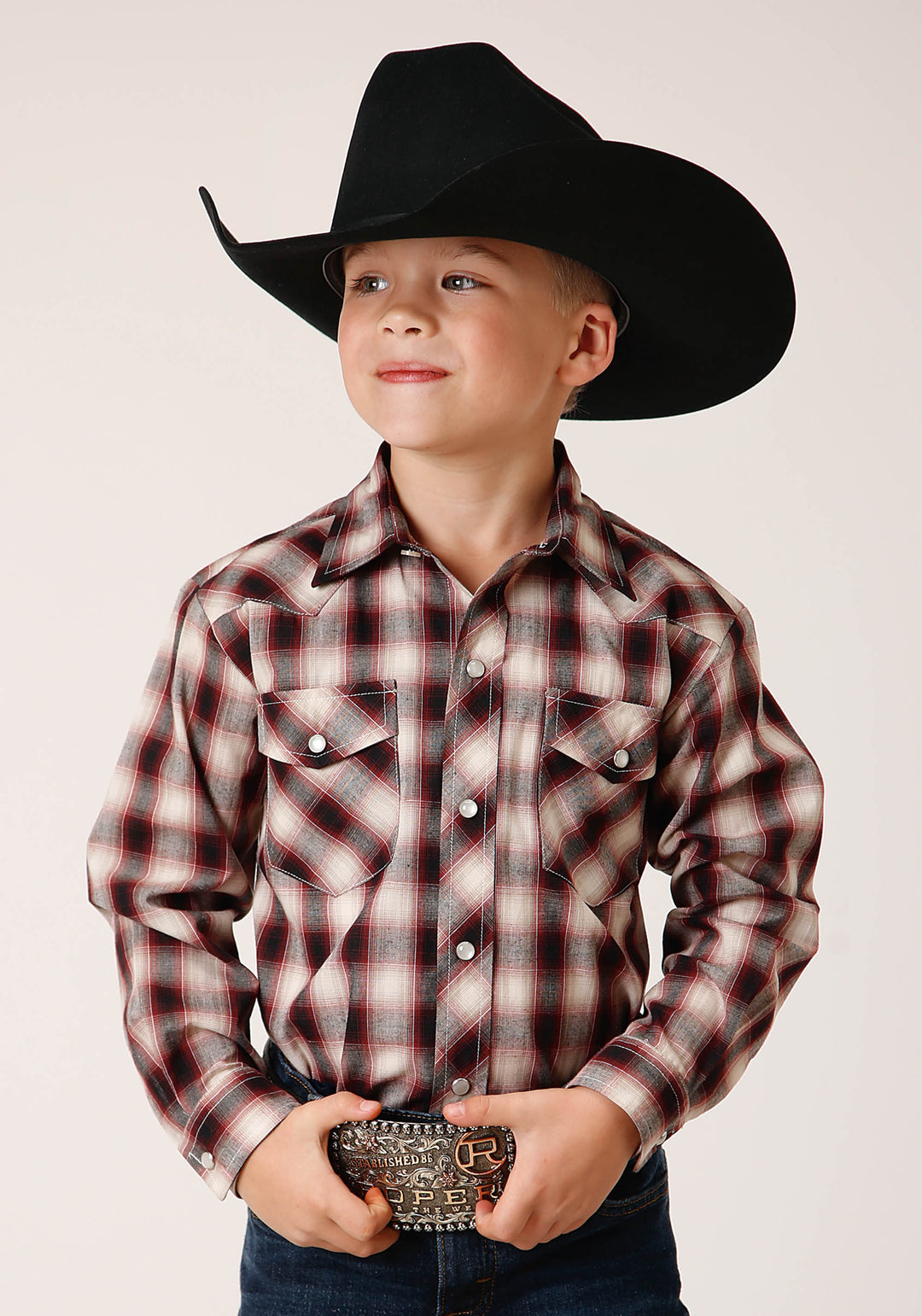 BOYS LONG SLEEVE SNAP WINE BLACK CREAM PLAID WESTERN SHIRT