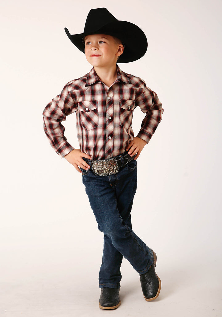 BOYS LONG SLEEVE SNAP WINE BLACK CREAM PLAID WESTERN SHIRT