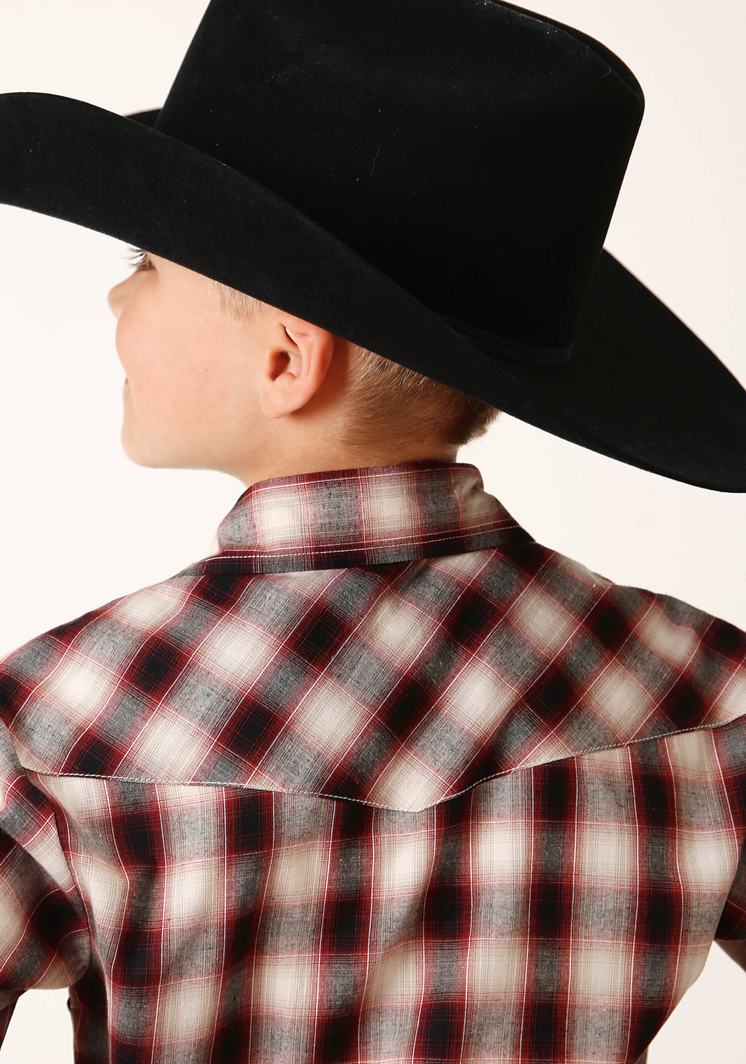 BOYS LONG SLEEVE SNAP WINE BLACK CREAM PLAID WESTERN SHIRT