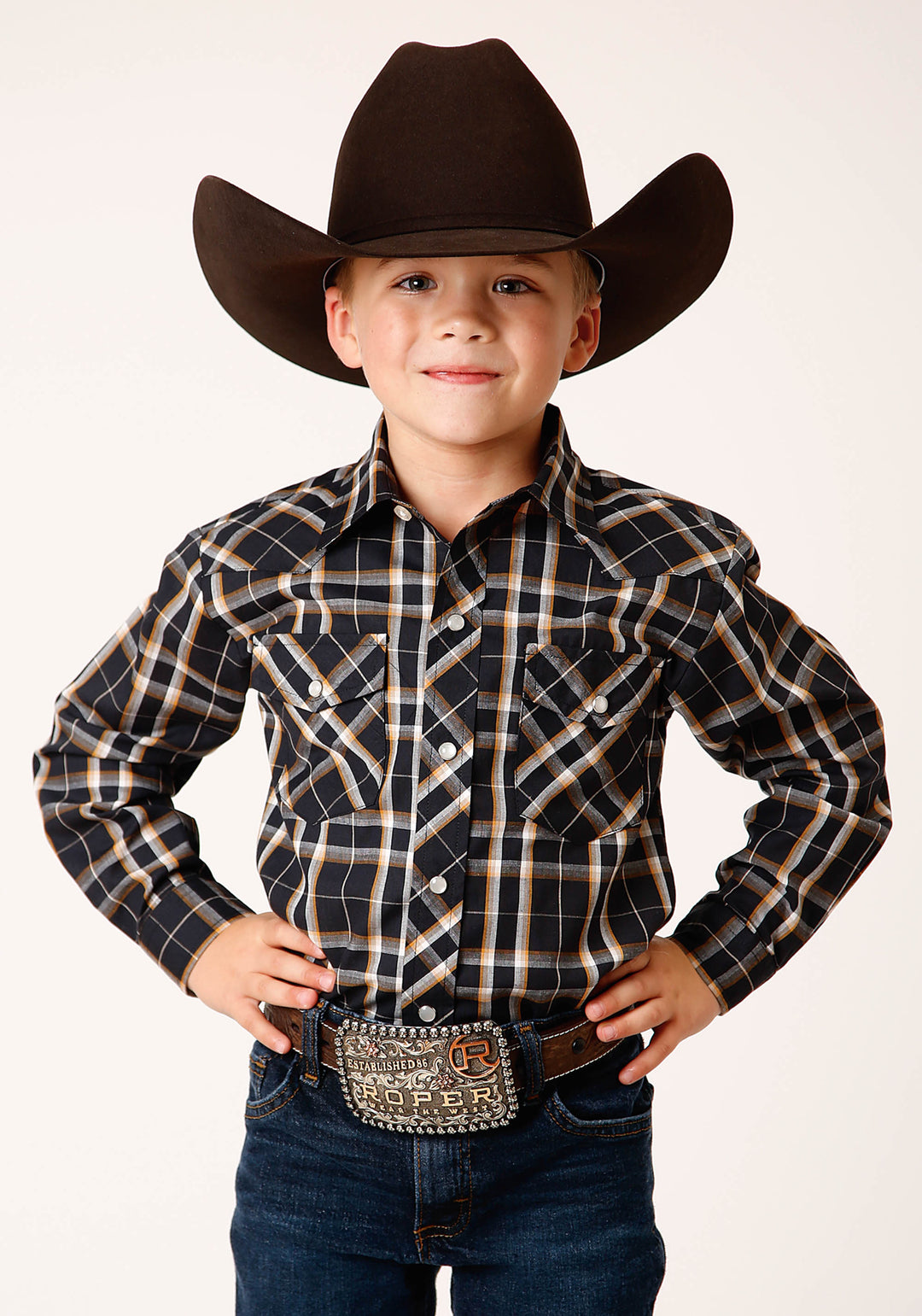 BOYS LONG SLEEVE SNAP NAVY CREAM GOLD PLAID WESTERN SHIRT