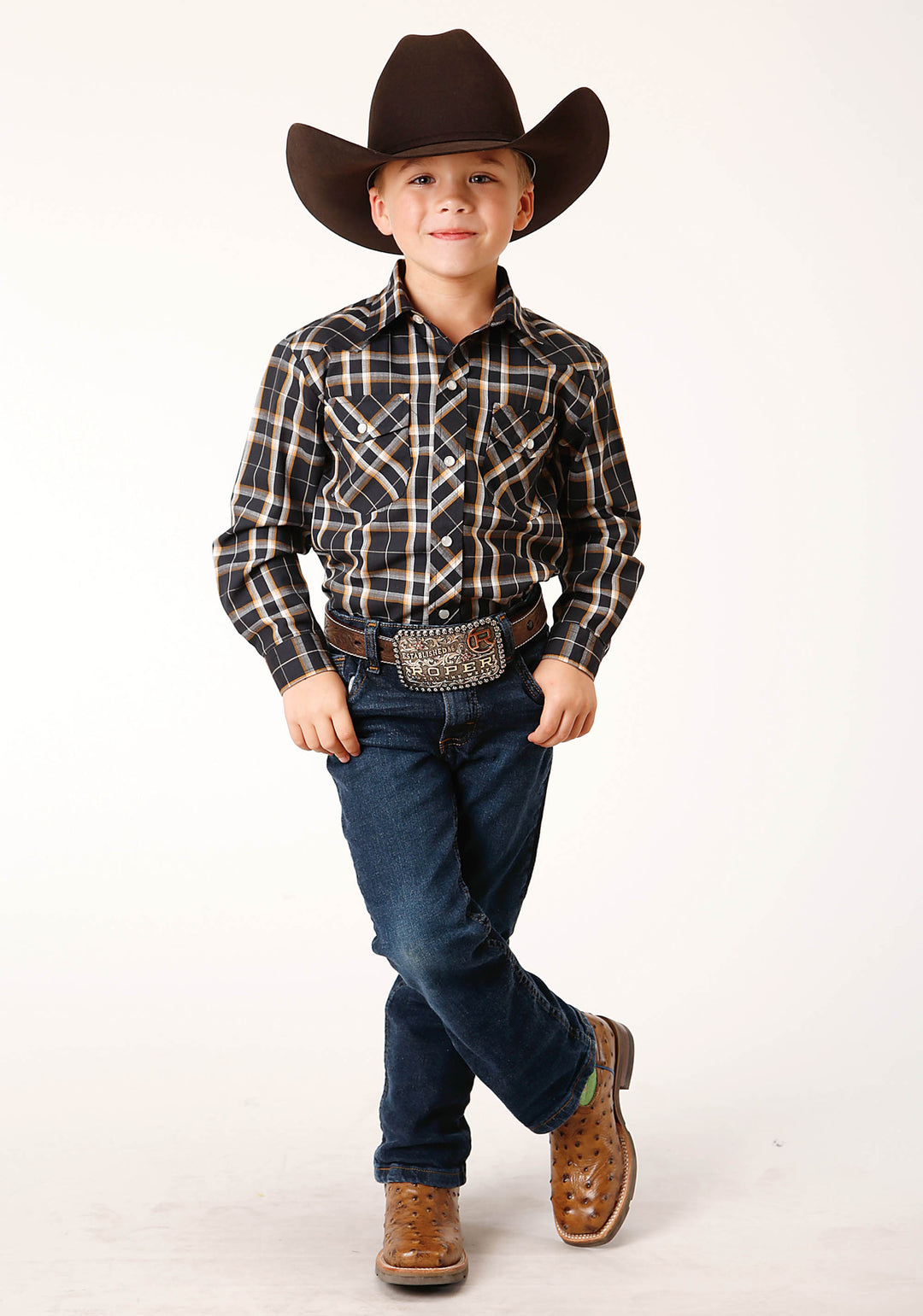 BOYS LONG SLEEVE SNAP NAVY CREAM GOLD PLAID WESTERN SHIRT