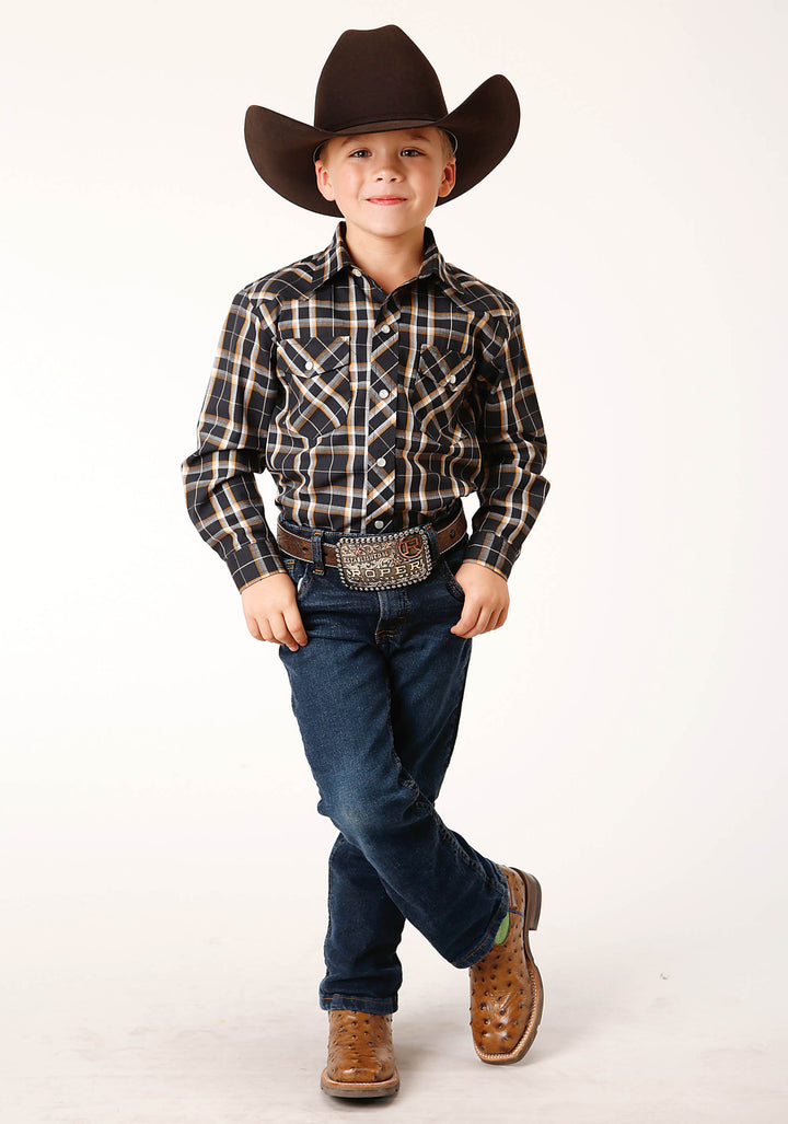 BOYS LONG SLEEVE SNAP NAVY CREAM GOLD PLAID WESTERN SHIRT