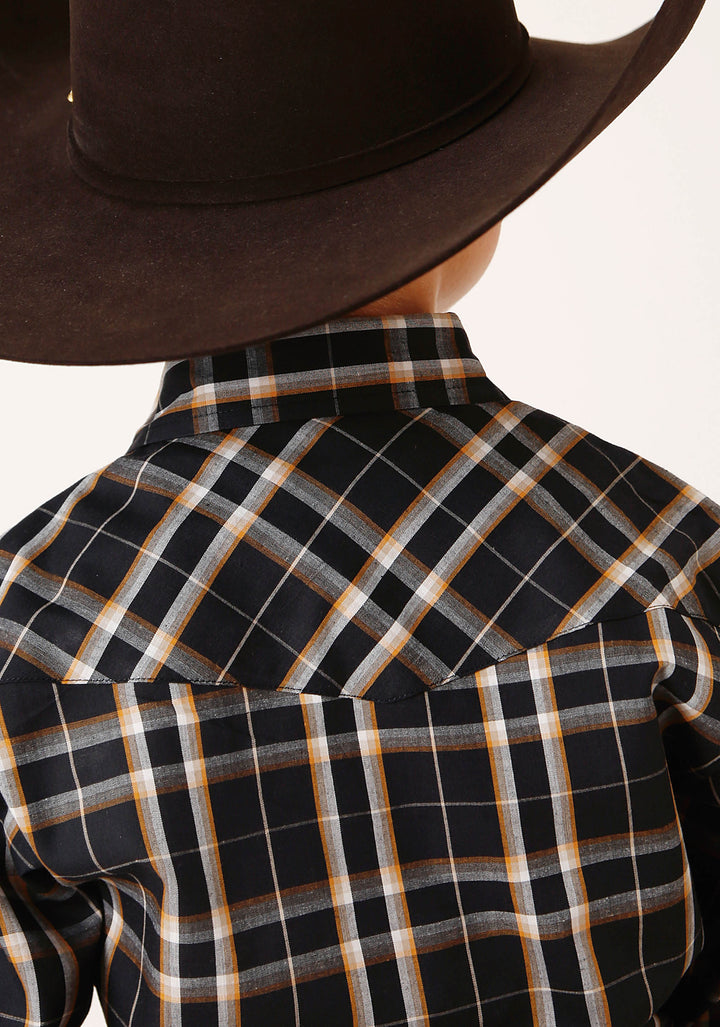 BOYS LONG SLEEVE SNAP NAVY CREAM GOLD PLAID WESTERN SHIRT