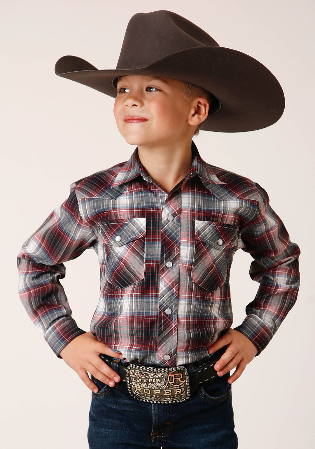 BOYS LONG SLEEVE SNAP RED BLACK WHITE PLAID WESTERN SHIRT