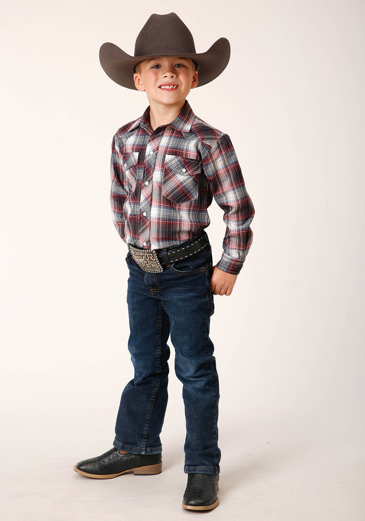 BOYS LONG SLEEVE SNAP RED BLACK WHITE PLAID WESTERN SHIRT