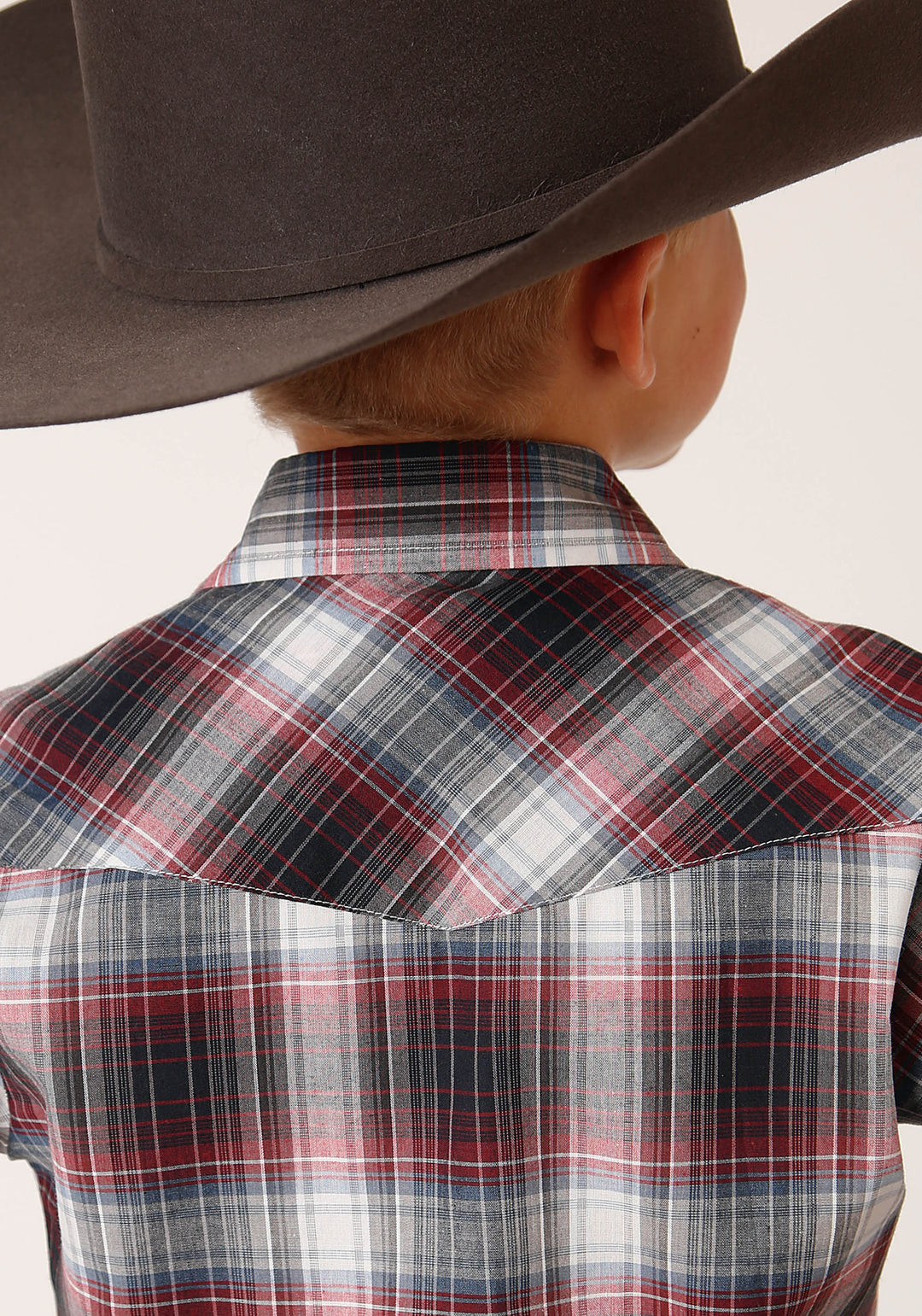 BOYS LONG SLEEVE SNAP RED BLACK WHITE PLAID WESTERN SHIRT
