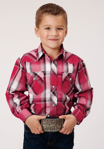 BOYS LONG SLEEVE SNAP RED BLACK AND WHITE PLAID WESTERN SHIRT