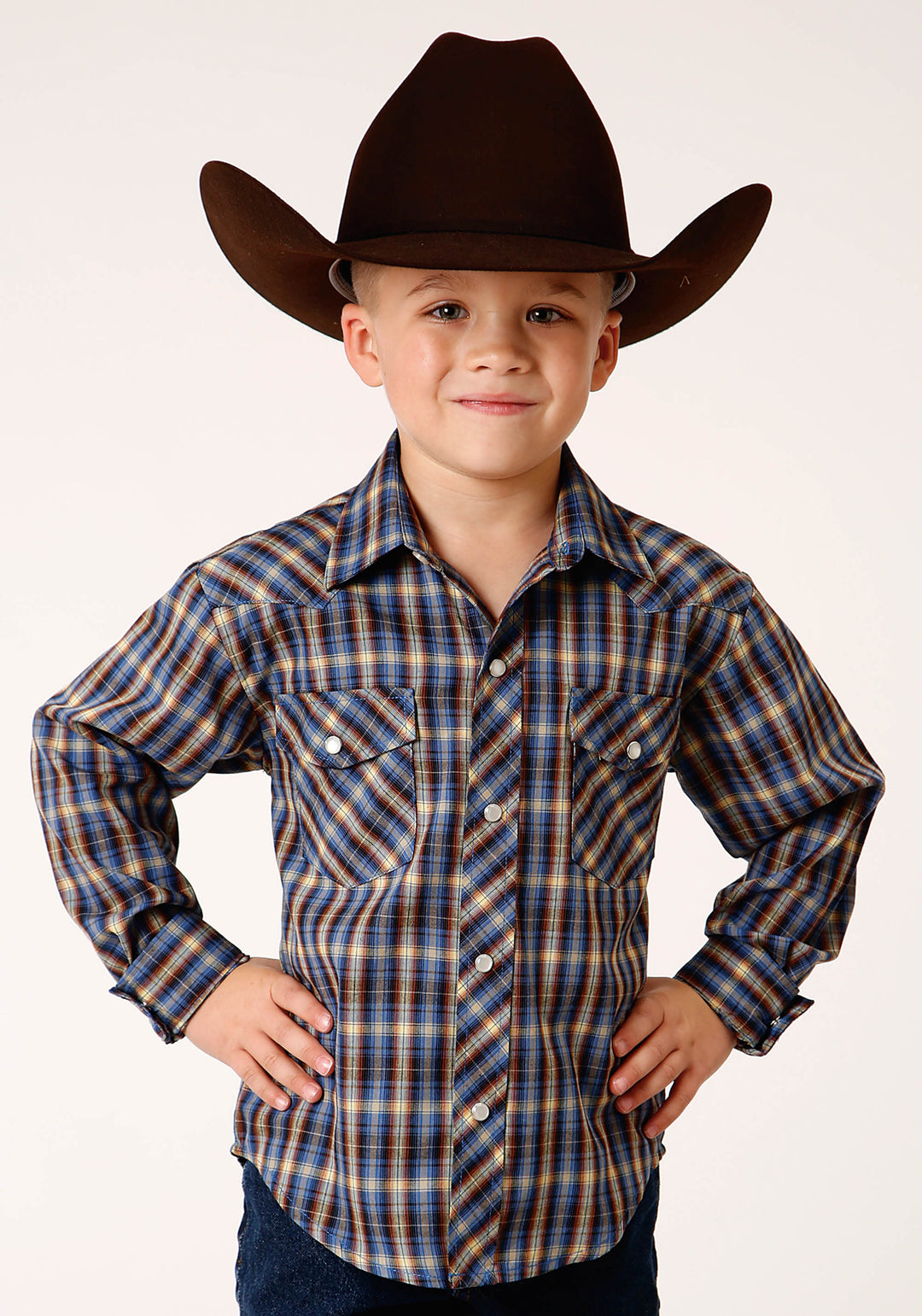 BOYS LONG SLEEVE SNAP ROYAL  BROWN AND YELLOW PLAID WESTERN SHIRT