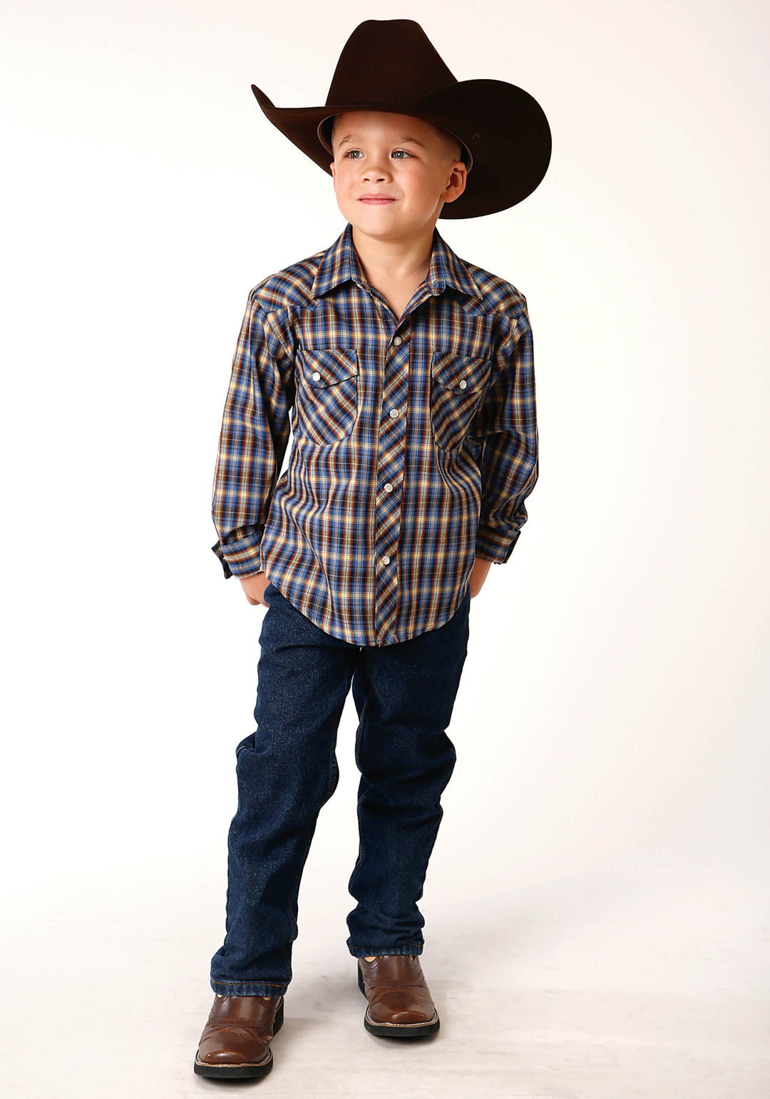 BOYS LONG SLEEVE SNAP ROYAL  BROWN AND YELLOW PLAID WESTERN SHIRT