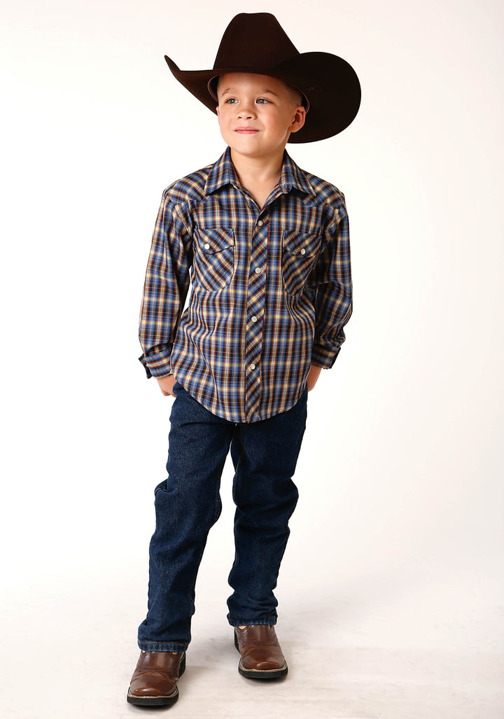 BOYS LONG SLEEVE SNAP ROYAL  BROWN AND YELLOW PLAID WESTERN SHIRT