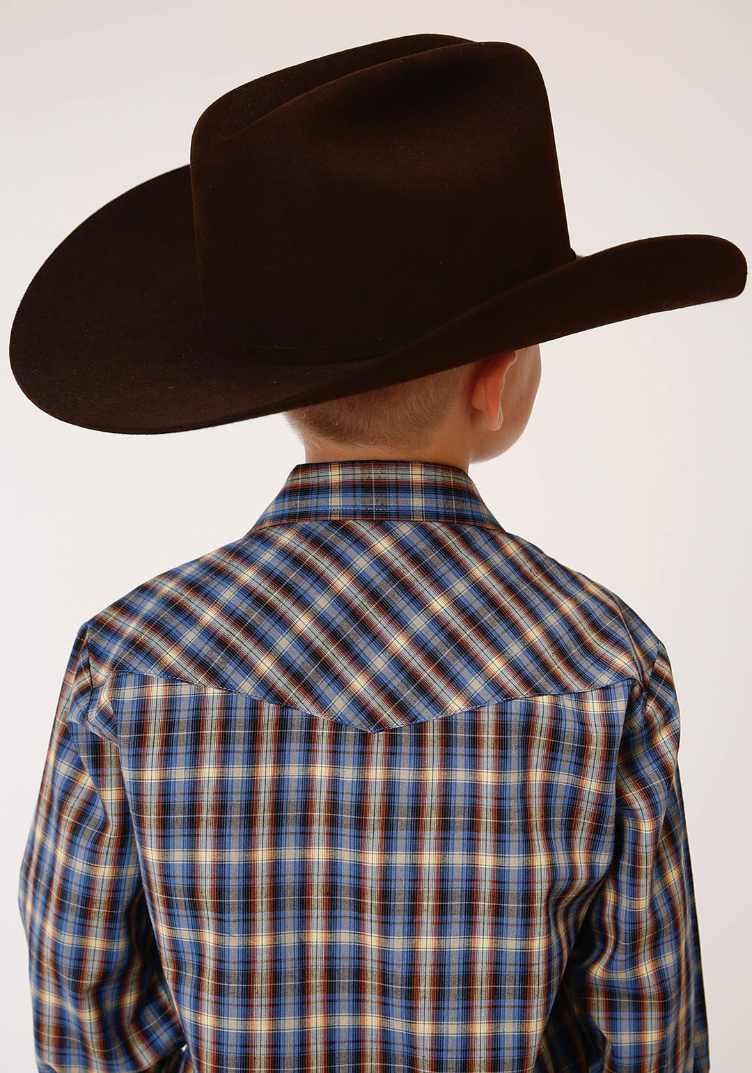 BOYS LONG SLEEVE SNAP ROYAL  BROWN AND YELLOW PLAID WESTERN SHIRT