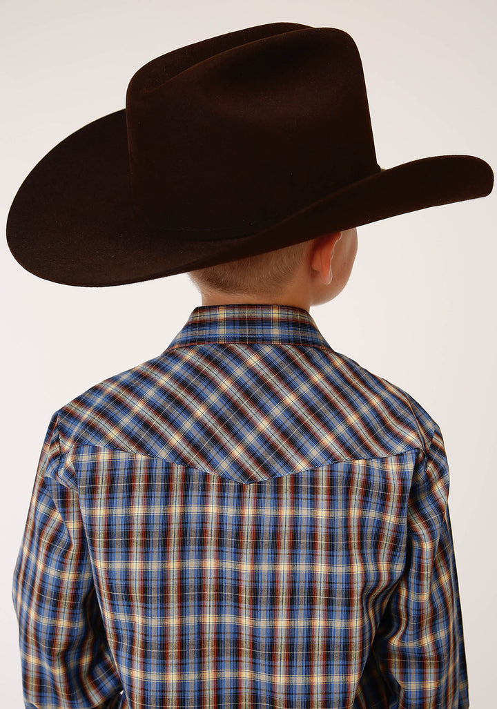 BOYS LONG SLEEVE SNAP ROYAL  BROWN AND YELLOW PLAID WESTERN SHIRT