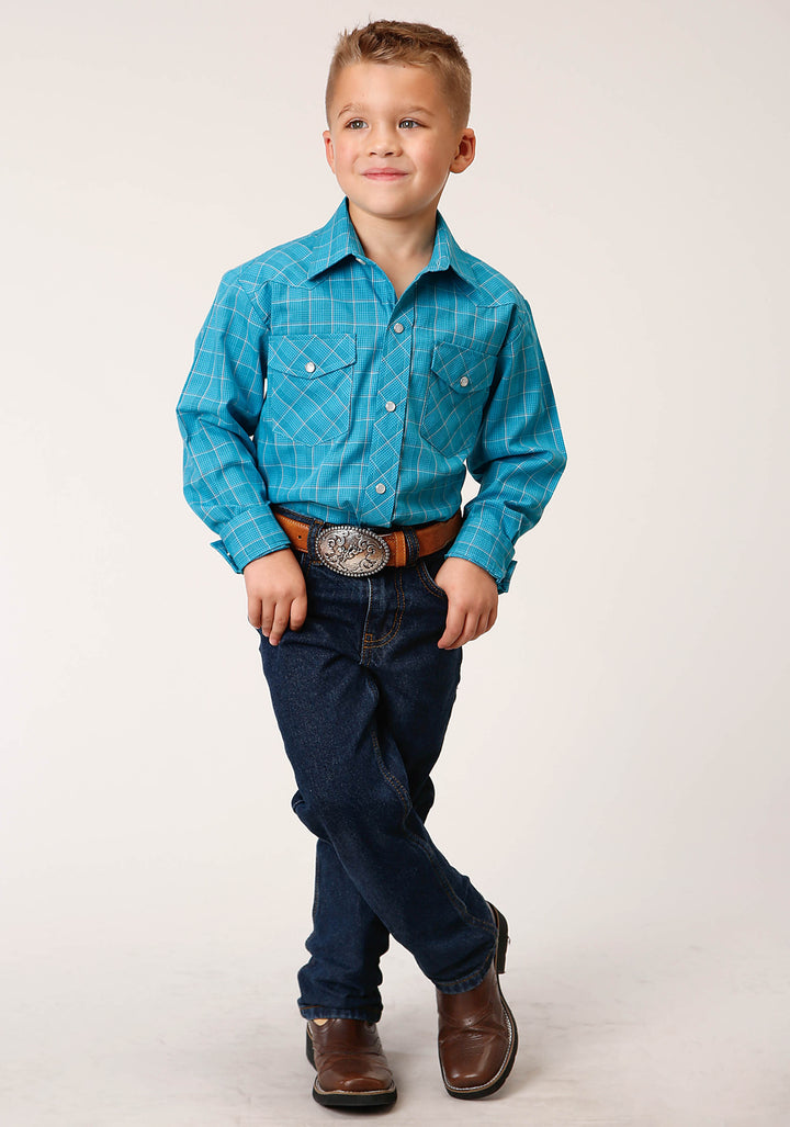 BOYS LONG SLEEVE SNAP TURQUOISE BLACK AND ORANGE WINDOWPANE PLAID WESTERN SHIRT
