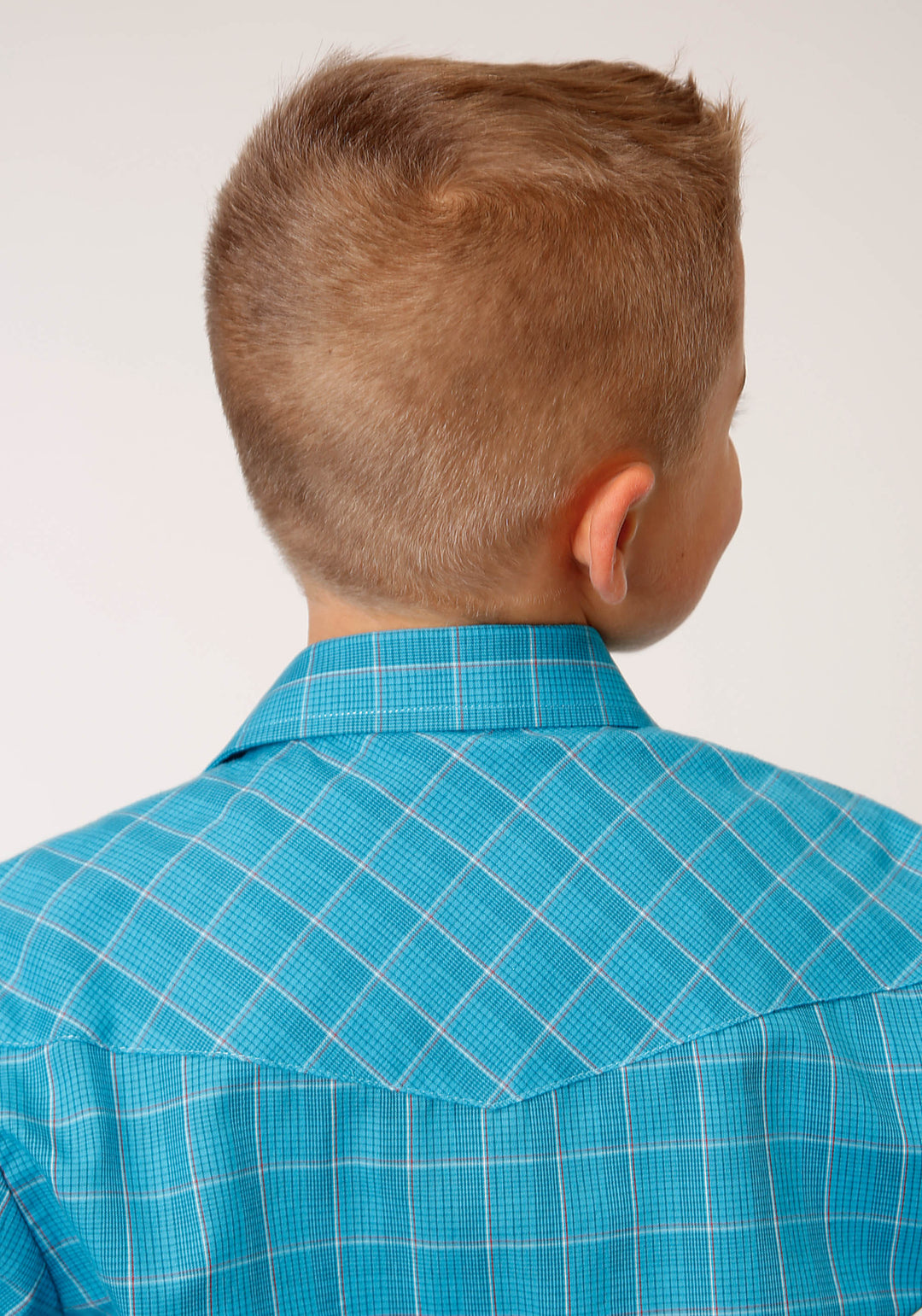 BOYS LONG SLEEVE SNAP TURQUOISE BLACK AND ORANGE WINDOWPANE PLAID WESTERN SHIRT
