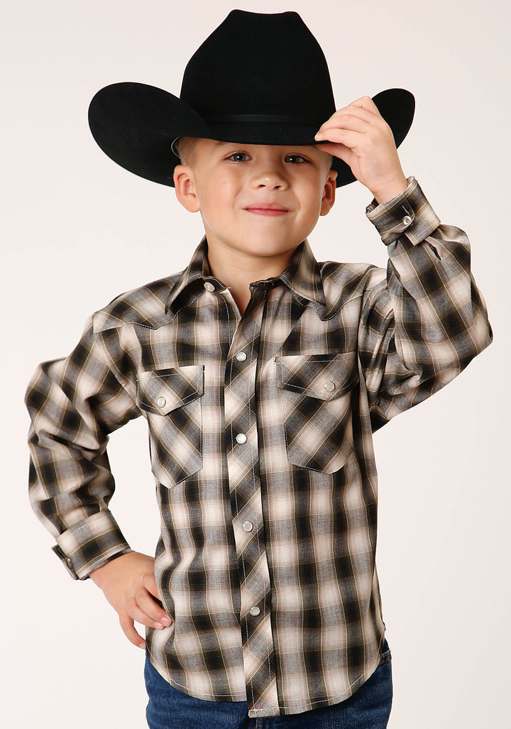 BOYS LONG SLEEVE SNAP BLACK CREAM AND OLIVE PLAID WESTERN SHIRT