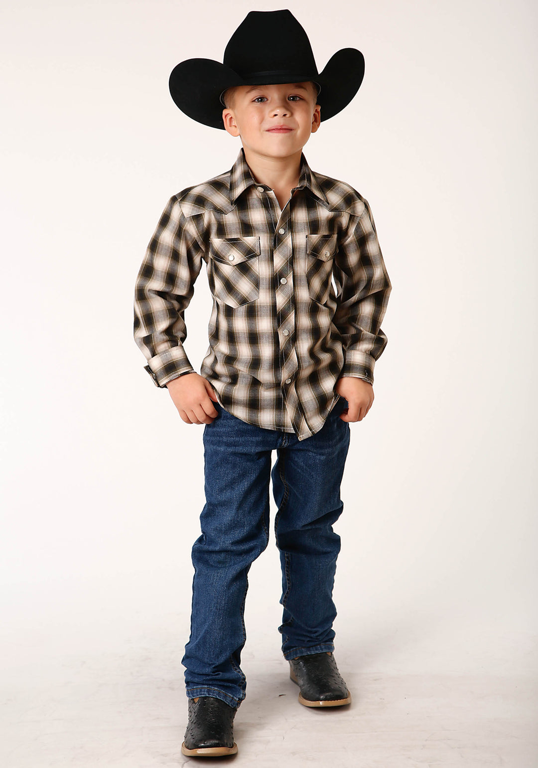 BOYS LONG SLEEVE SNAP BLACK CREAM AND OLIVE PLAID WESTERN SHIRT
