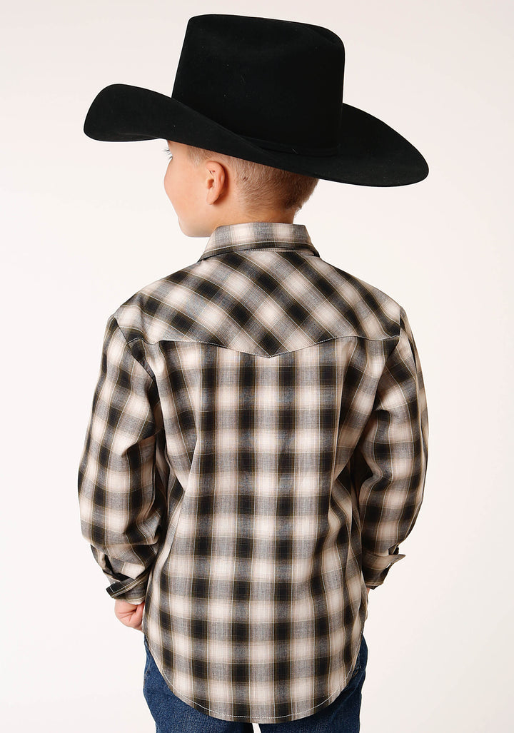 BOYS LONG SLEEVE SNAP BLACK CREAM AND OLIVE PLAID WESTERN SHIRT