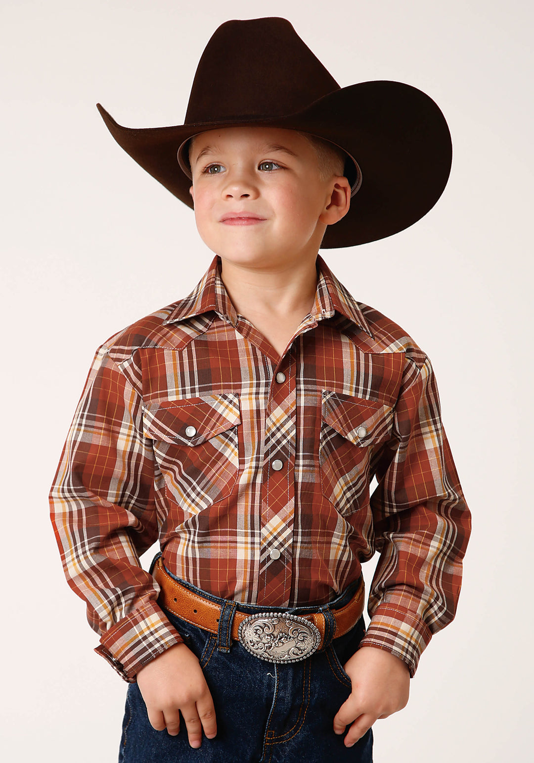 BOYS LONG SLEEVE SNAP RUST  BROWN AND CREAM PLAID WESTERN SHIRT