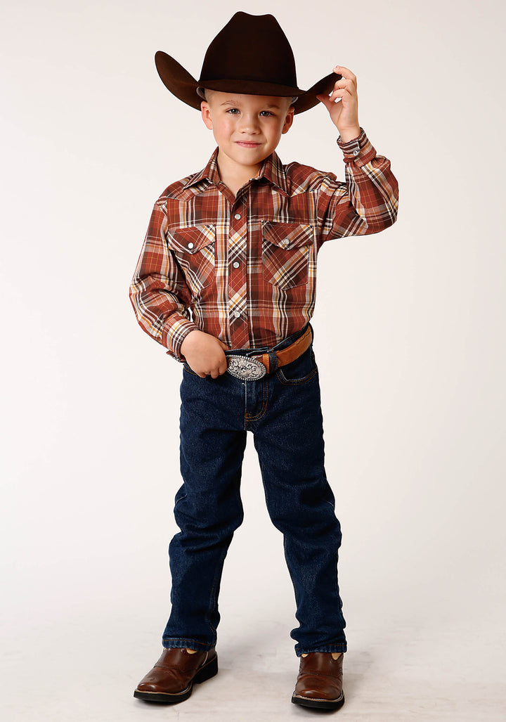 BOYS LONG SLEEVE SNAP RUST  BROWN AND CREAM PLAID WESTERN SHIRT