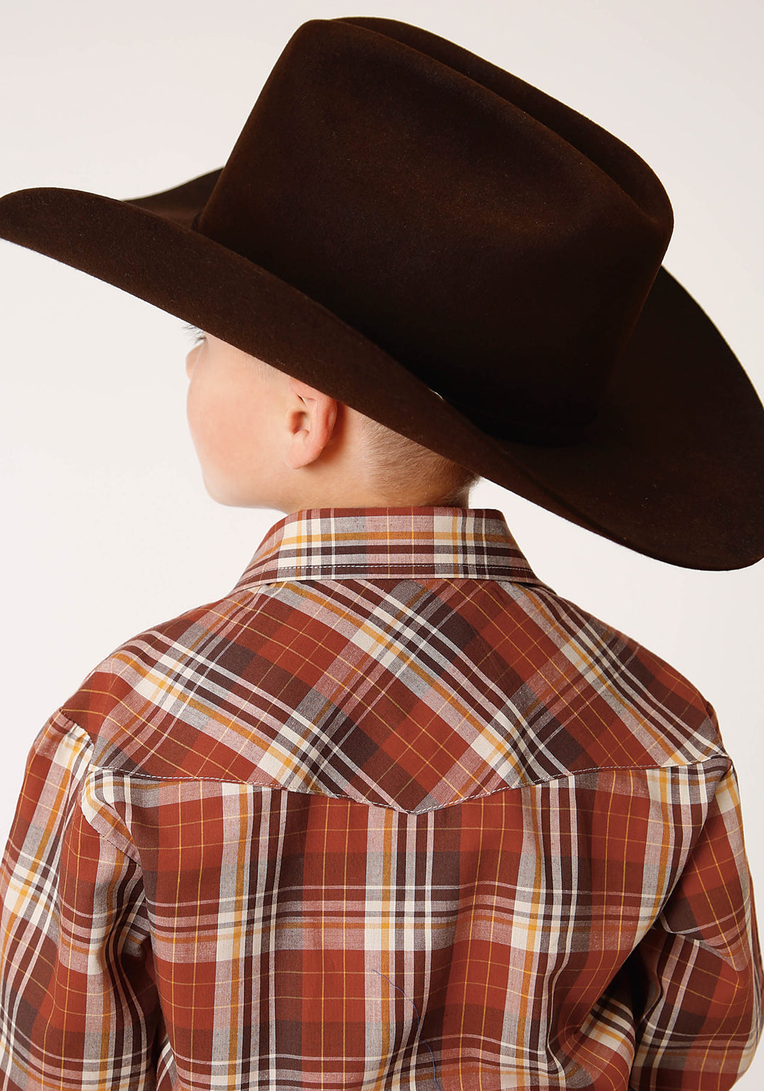 BOYS LONG SLEEVE SNAP RUST  BROWN AND CREAM PLAID WESTERN SHIRT
