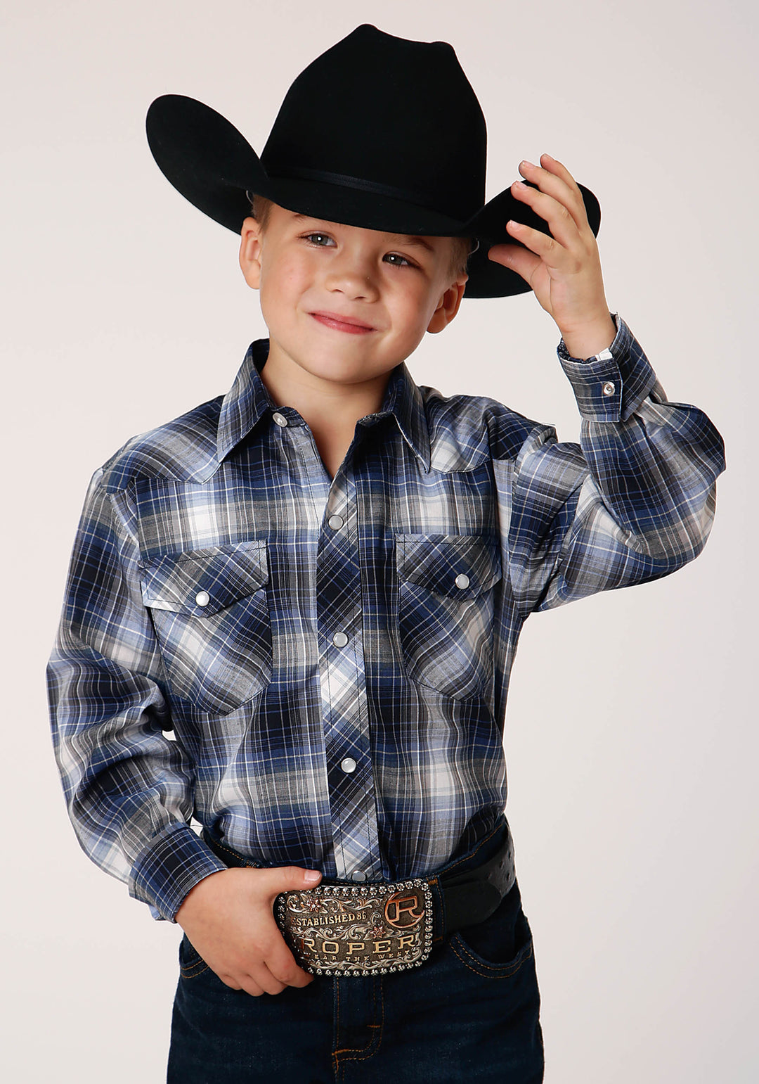BOYS LONG SLEEVE SNAP NAVY  ROYAL  AND WHITE PLAID WESTERN SHIRT