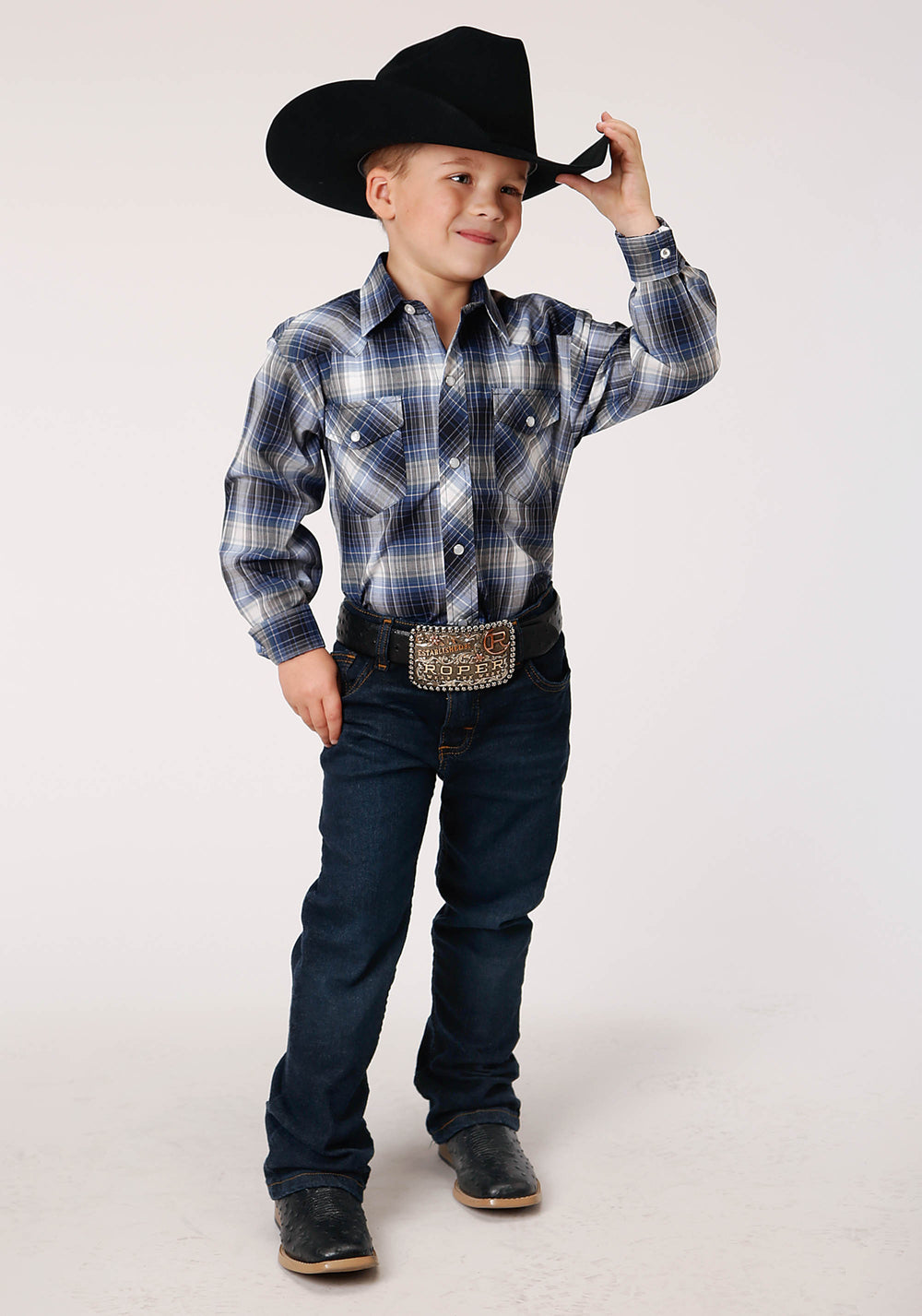 BOYS LONG SLEEVE SNAP NAVY  ROYAL  AND WHITE PLAID WESTERN SHIRT