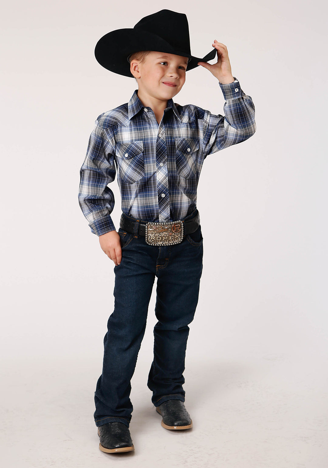 BOYS LONG SLEEVE SNAP NAVY  ROYAL  AND WHITE PLAID WESTERN SHIRT