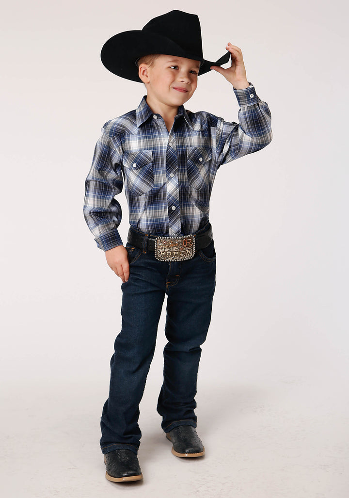BOYS LONG SLEEVE SNAP NAVY  ROYAL  AND WHITE PLAID WESTERN SHIRT