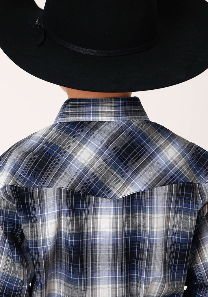 BOYS LONG SLEEVE SNAP NAVY  ROYAL  AND WHITE PLAID WESTERN SHIRT