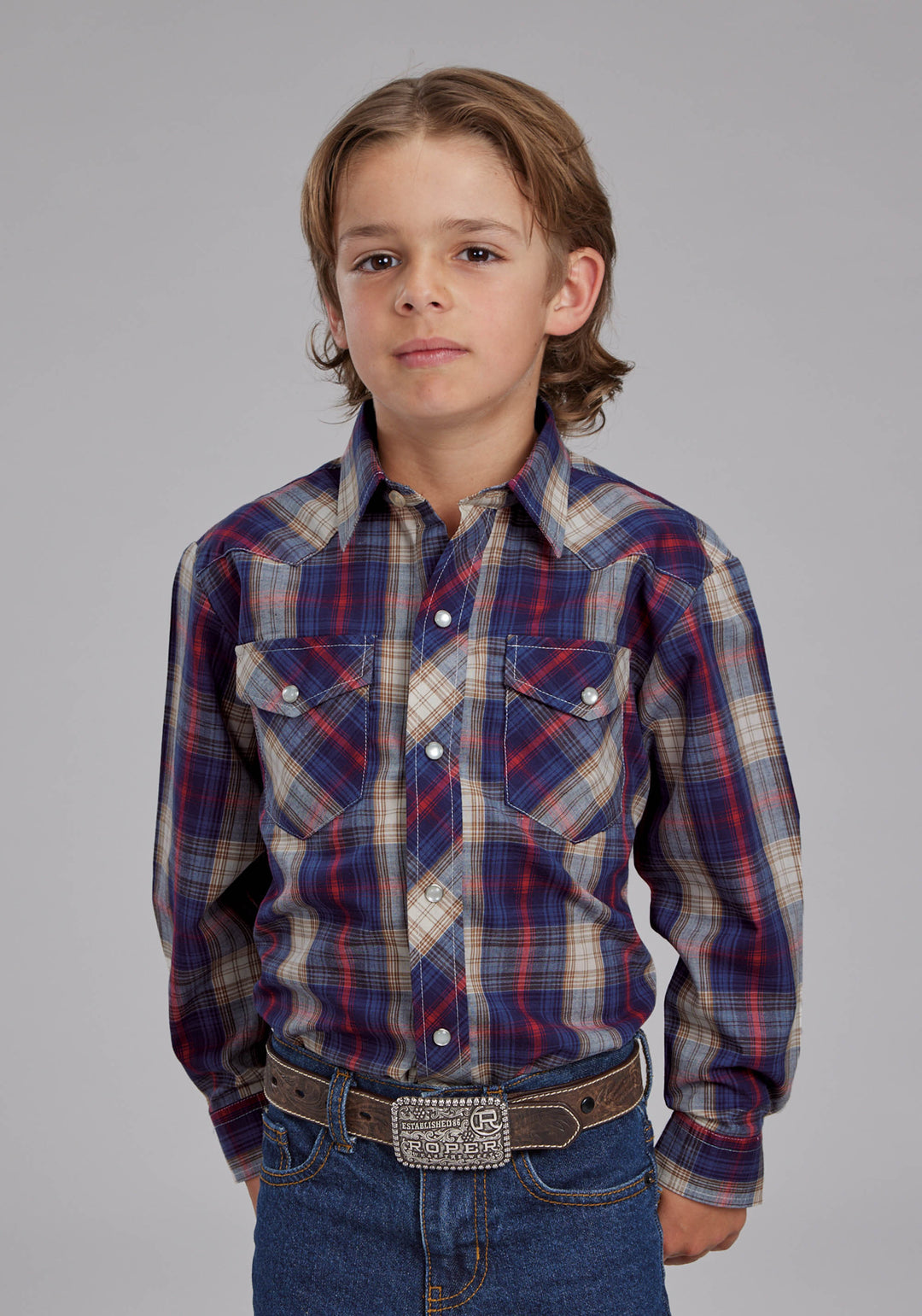 BOYS NAVY, CREAM AND RED PLAID LONG SLEEVE SNAP WESTERN SHIRT